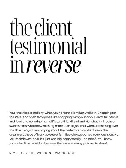Our version of a client testimonial in reverse. We believe the magic lives in the quiet, intimate moments after the ceremony, and we style wardrobes that transition from the mandap to real life, because your wardrobe is a feeling, not a costume.