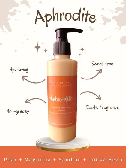 My Aphrodite body lotion has a sensual scent of pear, magnolia, sambac, and tonka bean.