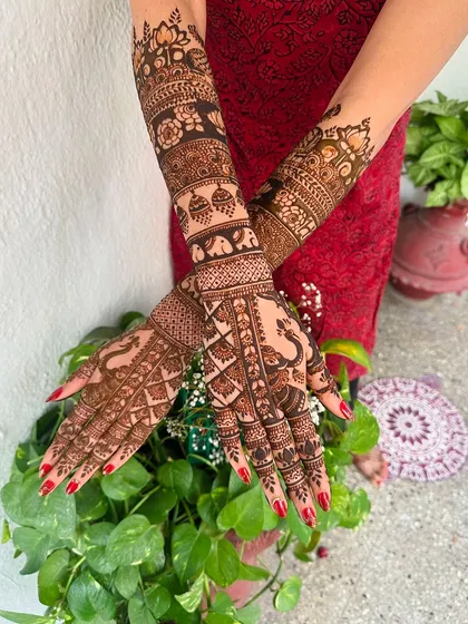 This elaborate design includes a full narrative with elephants, jhumka (earring) motifs, and peacocks, perfect for a bride who wants her story told through mehndi.