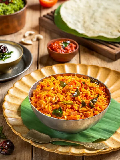 A flavorful Tomato Rice, styled simply to let the colors and textures of the dish shine.