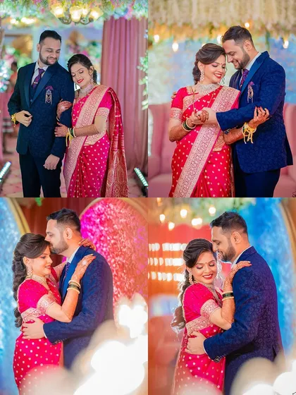A collage of romantic moments from Ketki and Avdhut's engagement reception. It showcases their chemistry and the beautiful, glamorous setting of their party.
