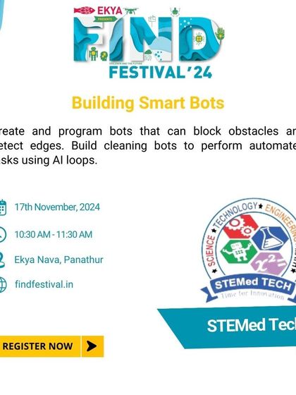 This poster for the 'Building Smart Bots' workshop by STEMed Tech invites children to create and program bots that can navigate obstacles. It's a perfect introduction to AI and robotics for young, curious minds.