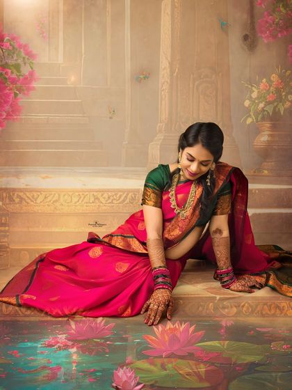 A creative and artistic portrait of a mother-to-be seated by a painted lotus pond. This unique concept combines traditional elegance with imaginative artistry.