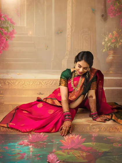 A moment of serene reflection. The expectant mother, dressed in a vibrant pink saree, touches the water of a lotus pond in this beautifully crafted, artistic portrait that blends reality with a dreamlike setting.