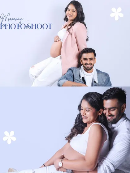 This two-panel layout showcases both a stylish portrait and an intimate moment from a casual maternity session, telling the story of the journey to 'mom & dad'.