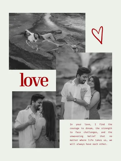 A black and white collage that speaks of timeless love. These moments from a waterfall pre-wedding shoot are paired with a heartfelt quote, creating a beautiful piece of art.