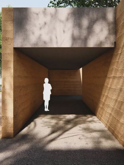 A rendering of the rammed earth retreat, where the architecture acts as a viewing device, directing the gaze towards the spectacular mountain landscape.