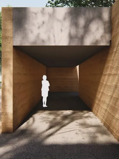 A rendering of the rammed earth retreat, where the architecture acts as a viewing device, directing the gaze towards the spectacular mountain landscape.