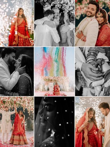 A collage of moments that celebrate love and family. From the couple's portraits to candid hugs and rituals, this shows the full spectrum of a wedding day.