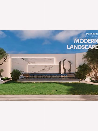 A focused shot of the modern water feature against a white marble wall, which serves as the stunning centerpiece of the Jain residence's landscape. The clean lines and minimalist sculptures create a sense of calm and sophistication.