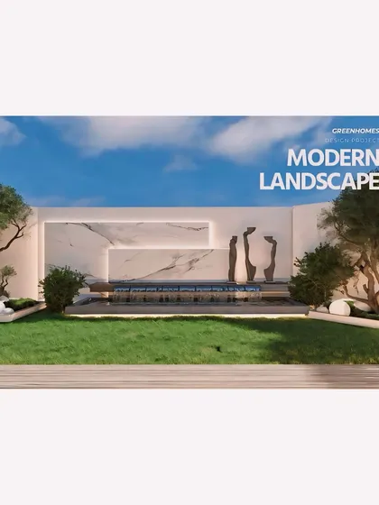 A focused shot of the modern water feature against a white marble wall, which serves as the stunning centerpiece of the Jain residence's landscape. The clean lines and minimalist sculptures create a sense of calm and sophistication.