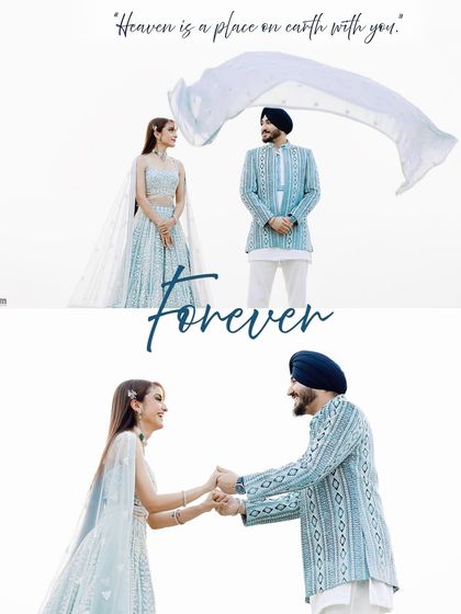 This collage captures the playful and romantic spirit of a couple. The flowing dupatta and their joyful interactions create a sense of movement and happiness against a simple white background.