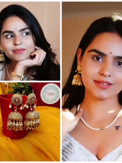 The classic Ganga Jhumka is always a favourite. This collage shows both the beautiful product details and how it looks when worn, offering a complete picture of this timeless piece.