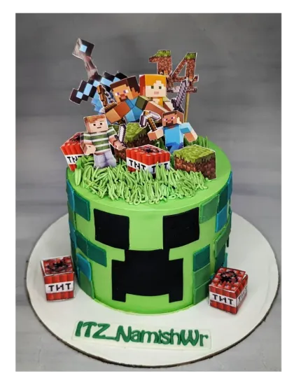 Another version of my popular Minecraft cake. This eggless chocolate truffle cake is perfect for a 14th birthday, featuring the iconic Creeper face and game characters.