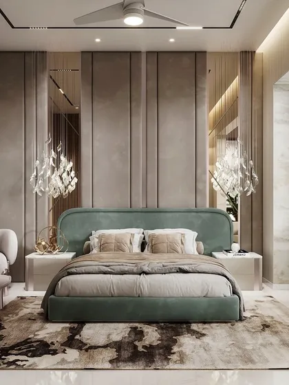 This bedroom render combines soft textures with modern glamour. The vertical paneling, mirrored surfaces, and crystal-like pendant lights are all rendered with precision to create a sophisticated and restful space.