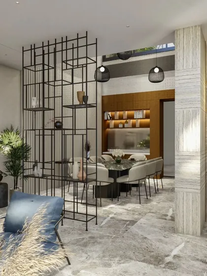 A view from the living area towards the dining space, showing how the open layout and central skylight create a bright, interconnected living environment.