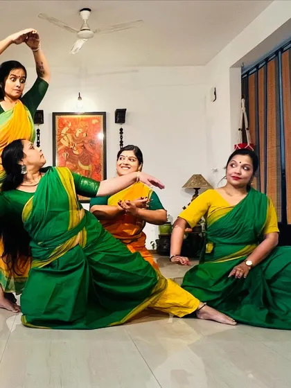 Another fun group pose from our Natyaniketan anniversary performance, capturing the dynamic energy of our team.