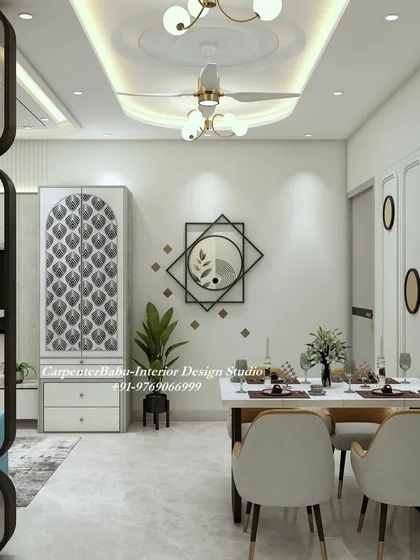 A dining space with a mix of modern and traditional elements. The geometric wall art and leaf-patterned crockery cabinet create a unique and personalized look.
