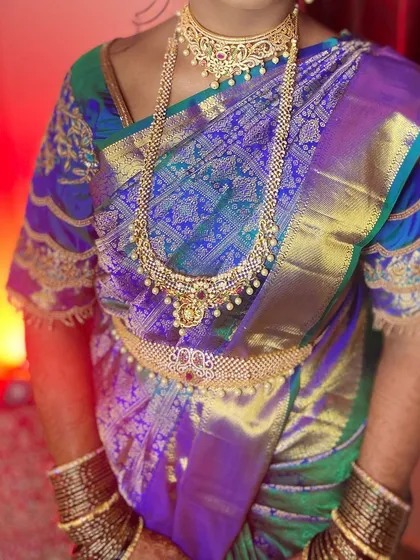 This image focuses on the intricate jewellery and the way it complements the expertly draped saree.
