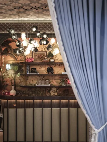 Peeking from behind a curtain, this view showcases how the Bocci 100 installation becomes an integral part of the room's layered design, adding a touch of modern artistry to a classic setting.