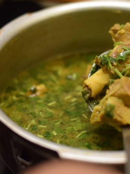 Aalni Mutton broth, cooked with simple spices like onion, ginger-garlic paste, and turmeric. It's delicious on its own or served with rice, perfect for a rainy day.