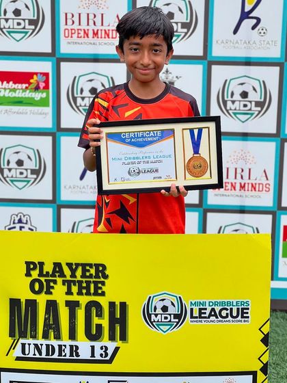 A proud moment for our U13 player, recognized as the 'Player of the Match' for his contribution to the team's success in the league.