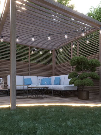When the city sleeps, this backyard comes alive. Wrapped in the soft glow of ambient lights, this outdoor lounge with a modern pergola and comfortable seating is designed for soulful conversations and starlit gatherings.