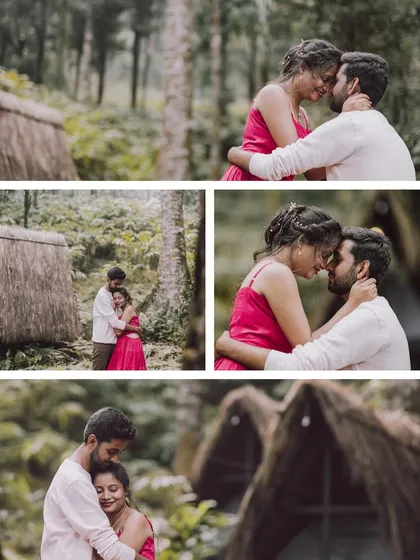 A collage of a couple's intimate and romantic moments from their pre-wedding shoot in a beautiful forest setting.