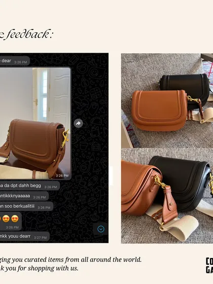A collage showing a happy customer's feedback and photos of the Noble Leather Square Bag.