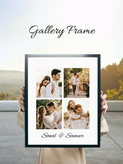 A single gallery frame held up, showcasing a beautiful four-photo collage with personalized names. It's a modern and clean way to display your memories.