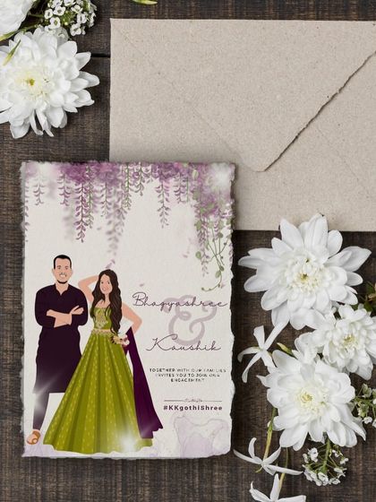 A beautiful flat-lay of a printed engagement invitation card, showing a different outfit and a lovely floral theme. This design can also be used for a welcome board.