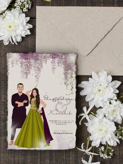 For another function, I created a different version of the invitation with a new illustration. This one shows the couple in their sangeet outfits, set against a backdrop of beautiful purple wisteria flowers.