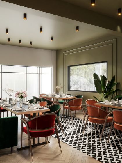 A render of an intimate restaurant setting. The visualization focuses on the rich color palette of olive green and rust red, the plush velvet textures, and the patterned floor to create a warm and inviting dining atmosphere.