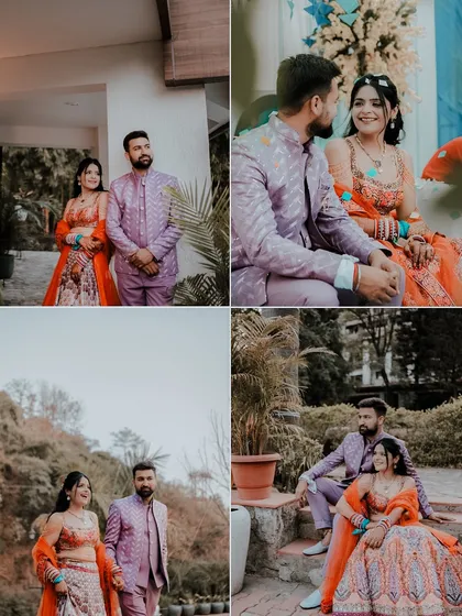 This collage showcases the love story of Ankita and Rajat during their Dehradun Mehendi. From posed portraits to candid interactions, it captures their connection against the beautiful hilly backdrop.