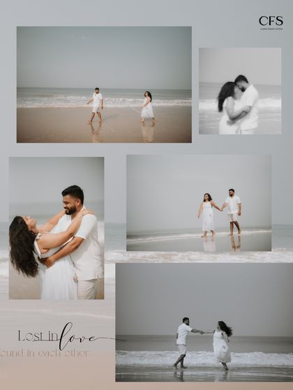 A collage that captures the feeling of being "lost in love" on the beach, with a mix of poses that show both intimacy and playfulness.