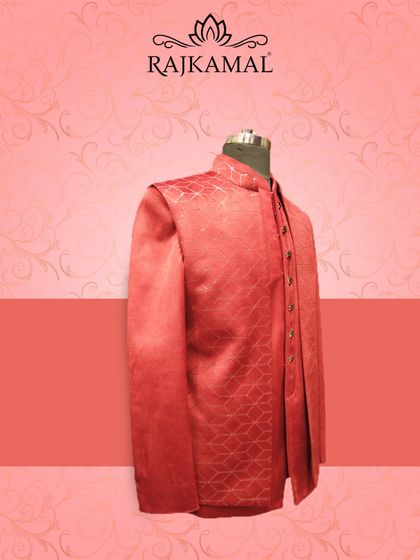 Another angle of the red bandhgala sherwani, highlighting the subtle texture on the fabric and the line of ornate buttons that add a touch of luxury.