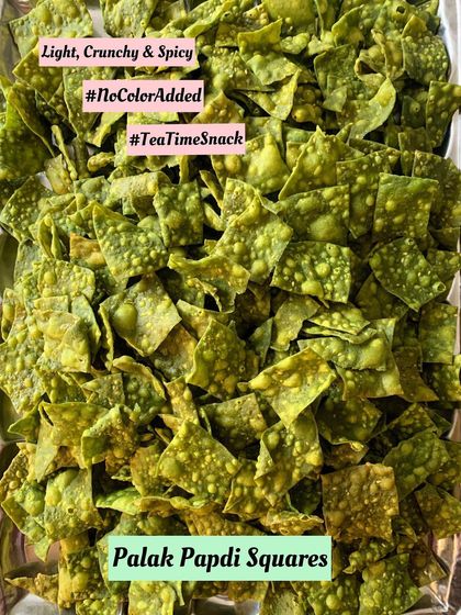 My Palak Papdi Squares are light, crunchy, and spicy. Made with fresh spinach and no artificial colors, they are a healthy and delicious tea time snack.