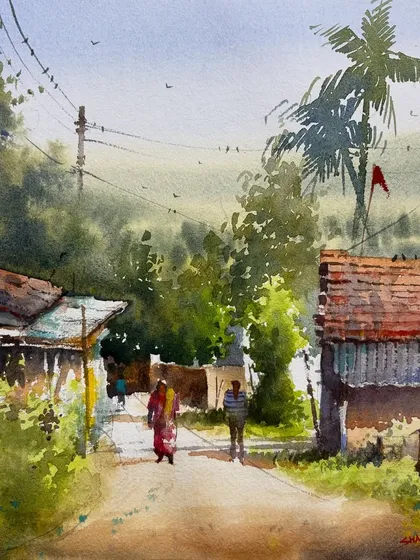 This village scene captures a quiet moment on a country road. The composition leads the viewer's eye down the path, past the traditional houses and into the lush green landscape.