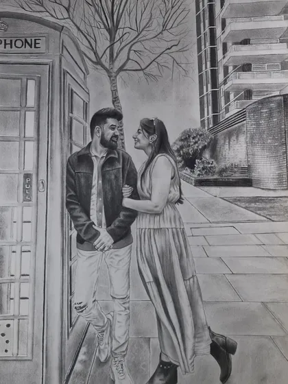 A full-length couple portrait, capturing a romantic moment. My sketches can include backgrounds and full figures to tell a bigger story.