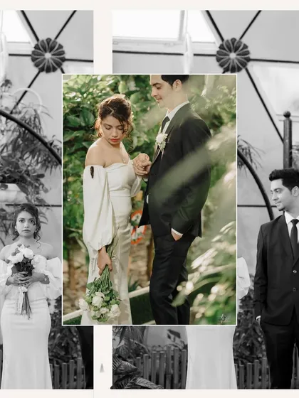A modern, artistic collage from the Dubai elopement. The mix of black and white with a central color photo creates a unique, stylish memento of their day.