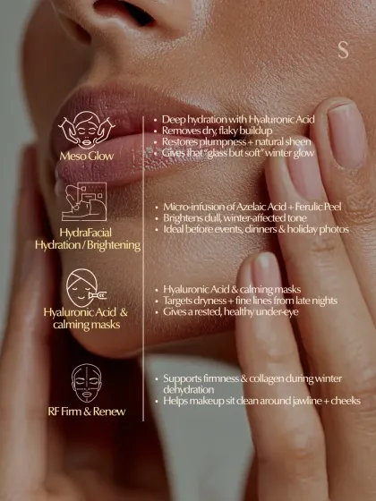 This menu details our solutions for winter skin, from Meso Glow and HydraFacial for brightness to RF Firm & Renew for supporting collagen during winter dehydration.