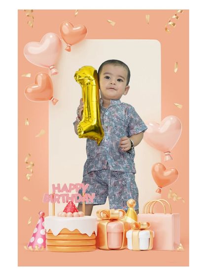 A digitally composed birthday portrait, placing the child in a festive scene with illustrated cakes, gifts, and balloons.