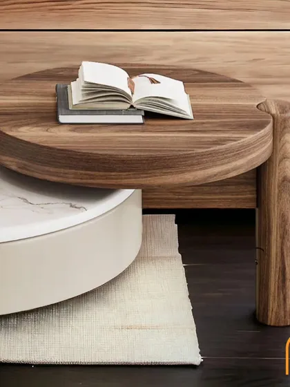 A close-up of the solid wood portion of the nested coffee table, highlighting the beautiful grain and craftsmanship.