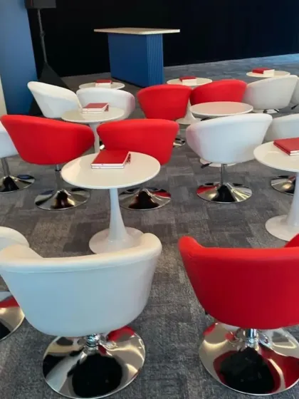 This is an example of a modern seating arrangement I provide for conferences and corporate seminars. The combination of sleek red and white chairs with small tables creates a vibrant and functional space for networking and presentations.