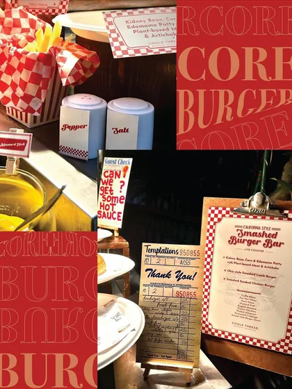 This collage captures the branding and retro diner aesthetic of our Smashed Burger Bar. It features menu details, salt and pepper shakers, and handwritten checks to create a complete thematic experience.