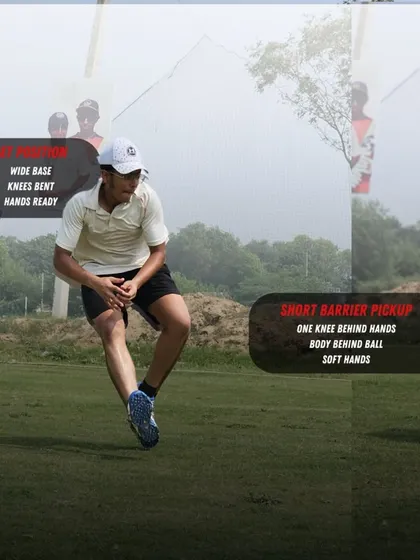 The second stage of the short barrier: the set position and pickup. A wide base gives you stability, while soft hands and getting your body behind the ball ensure a clean collection.