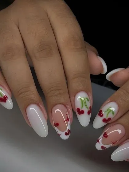 A sweet design with heart-shaped cherries on a white and sheer base. This is a super cute and romantic look.