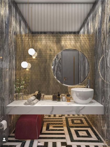 A powder room concept with dramatic marble walls, a floating vanity, and a bold geometric floor. The design is a study in contrasts and textures.