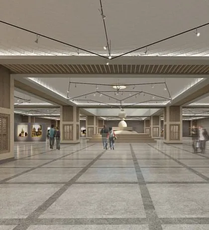 An interior view of the main gallery hall. The design simulates the sensory experience of the monuments through its scale, geometric discipline, and carefully controlled lighting, creating an immersive atmosphere for visitors.