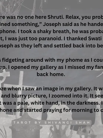 A student living alone feels a cold hand under her bed, only to later find a blurry picture of a pale hand in her phone's gallery.
